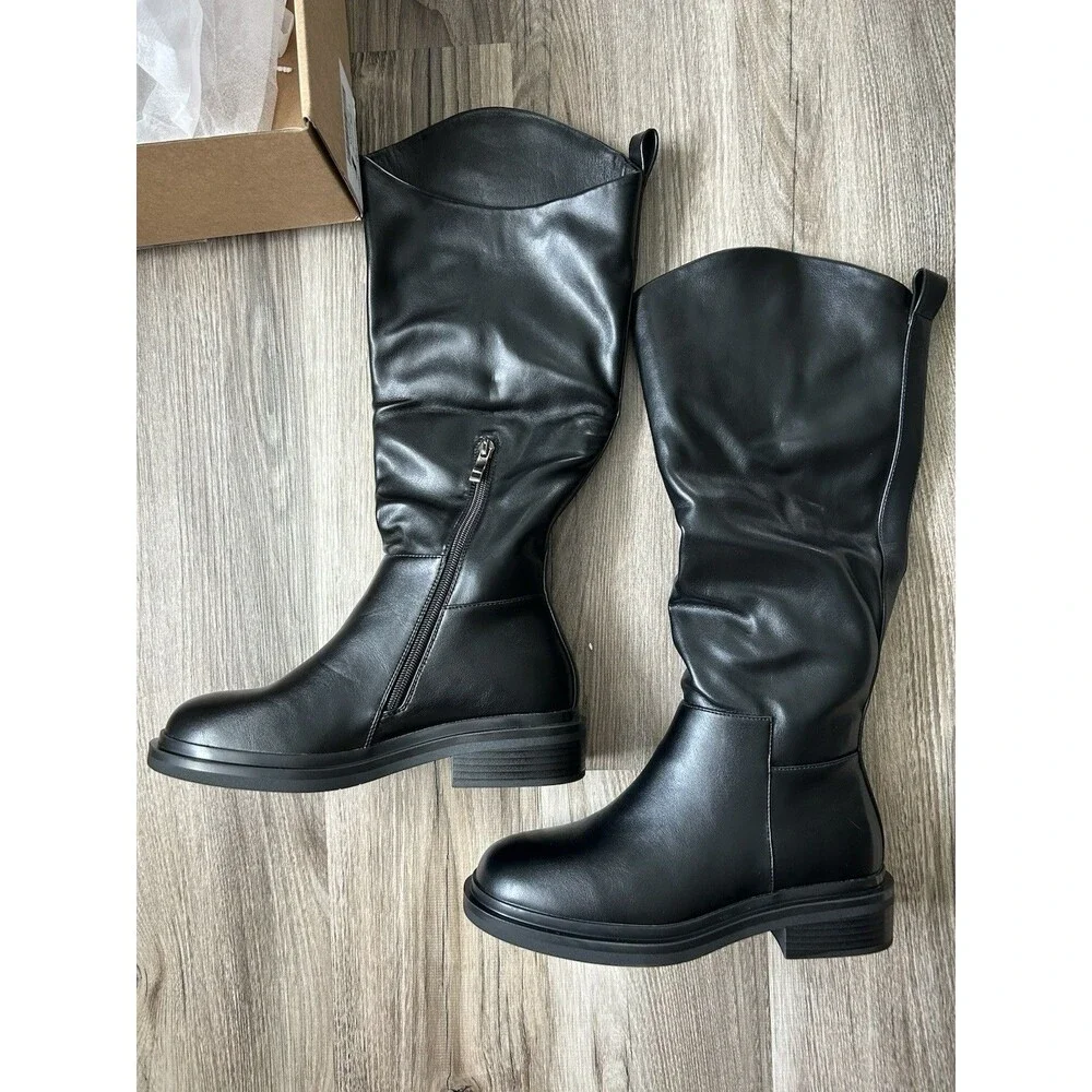 NIB Women’s Black Riding Boots Wide Calf Faux Leather Knee High Size 7.5